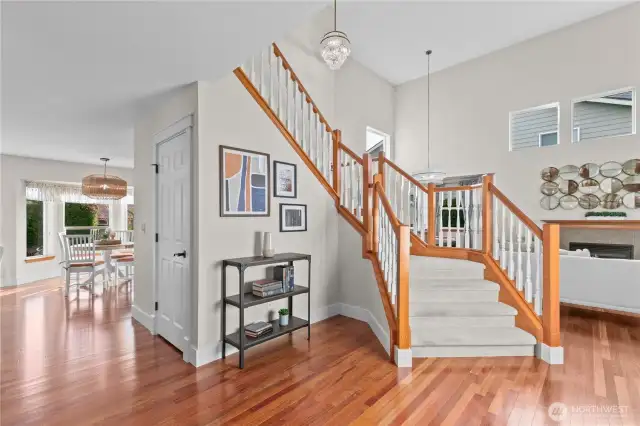 Flowing staircase with plush carpet.