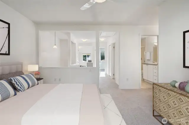 Open and light primary with ensuite and great walk in closet. Virtually staged to give you a sense of the potential! Fresh paint & carpet throughout the 2nd level.