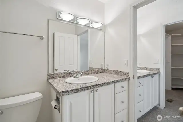 Primary bathroom view showing sink in bathroom and also in vanity area with walk in closet beyond.