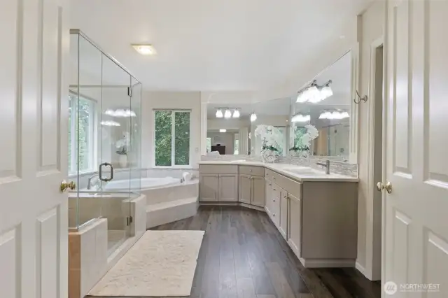 Spa-inspired bath with expanded custom shower, quartz counters & massive walk-in closet to the right
