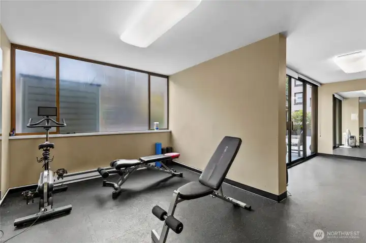 Strength training area with free weights and benches, plus plenty of natural light.