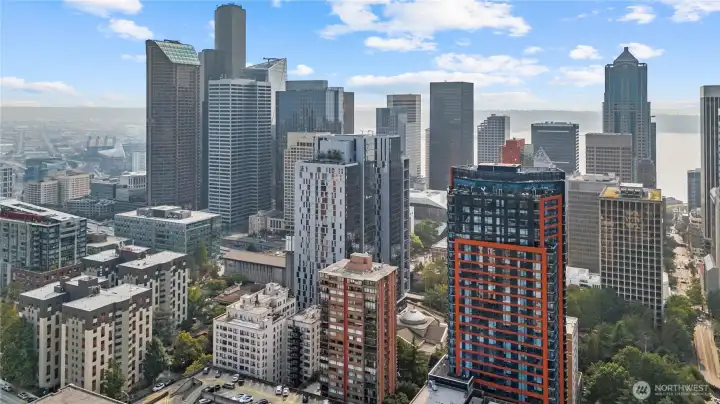 Distinctive architecture of Seneca8, surrounded by the energy of downtown.