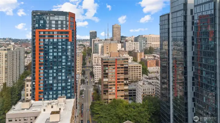 Vibrant blend of historic and modern architecture surrounding Seneca8.