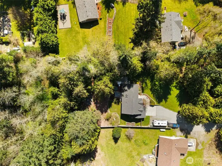 Aerial view showcasing the full property layout, mature landscaping, and sense of space and privacy.