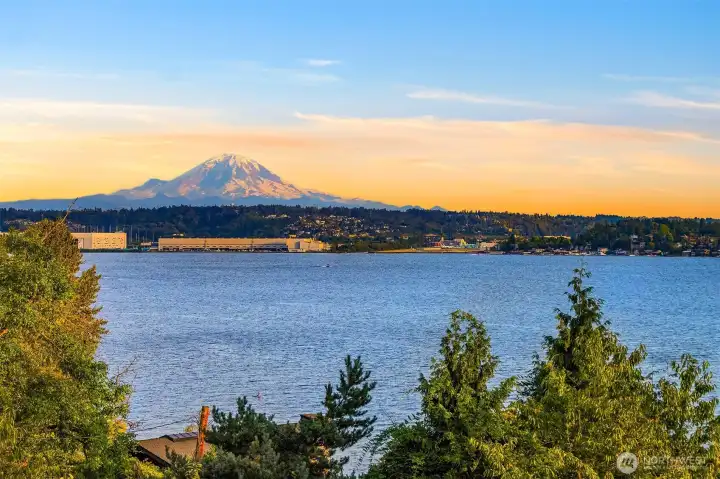 Mt. Rainier rises beyond Lake Washington - an ever-changing backdrop to everyday living