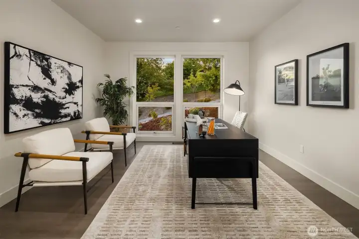 Sunlit upper-level office with garden views - perfect for inspired work or quiet study (or use as an optional bonus room, play room or TV room)