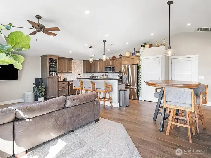 Open concept kitchen with spacious living room.