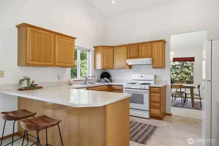 The kitchen is also filled with natural sunlight and is between the family room and dining area.