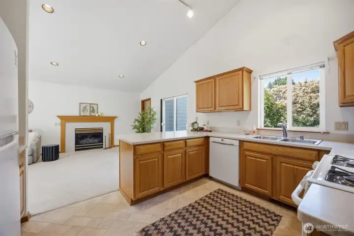 Looking toward the family room from the kitchen.