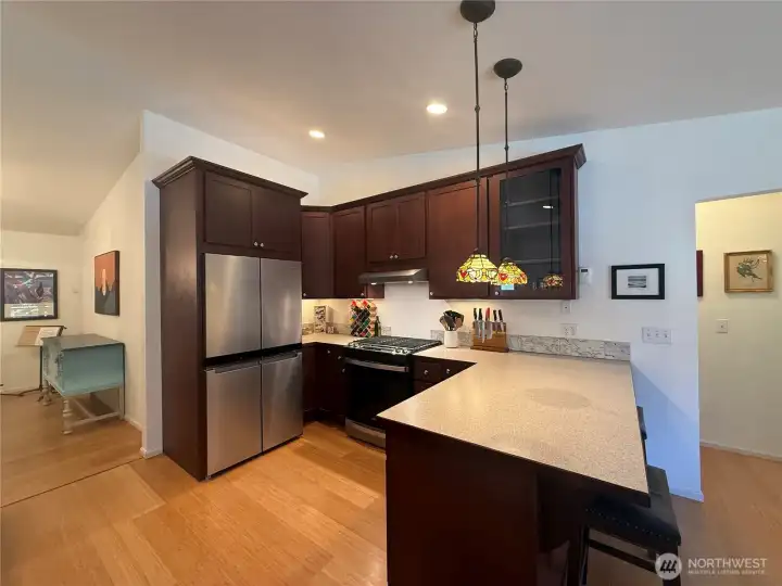 Newer appliances in kitchen and gorgeous hanging pendant lights Newer appliances in kitchen and gorgeous hanging pendant lights