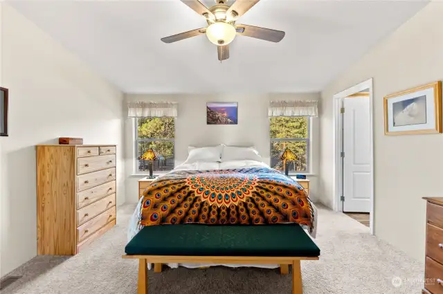 Primary bedroom is the place to renew, refresh and relax after your day of hiking, biking, skiing or snowmobiling. Carpeted. Walk-in closet large. EnSuite bath. Ceiling fan with light.