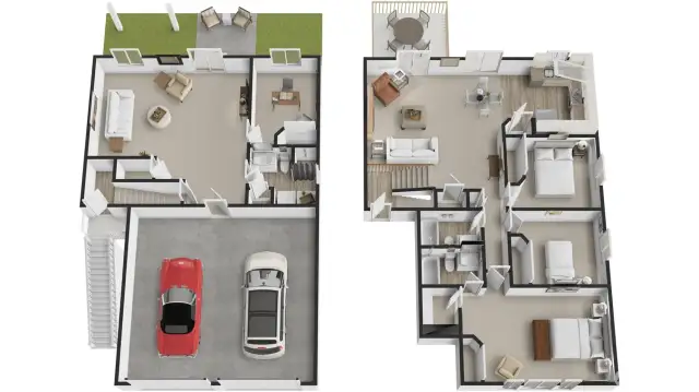 Two-level layout: approximately 1,998 SF with four bedrooms and three baths (two full in the hall and one three-quarter). Upper level features a vaulted great room, open kitchen/dining, deck access, and three bedrooms. Lower level adds a large bonus room, fourth bedroom/office, the three-quarter bath with laundry, and an attached two-car garage.