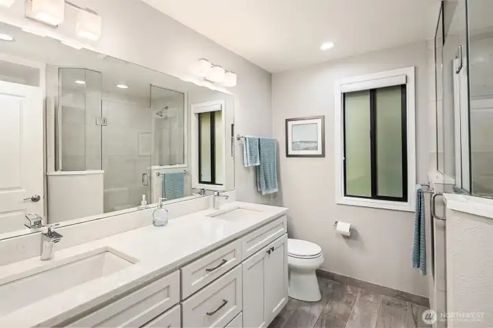 Extra-large vanity with dual sinks & plenty of storage.