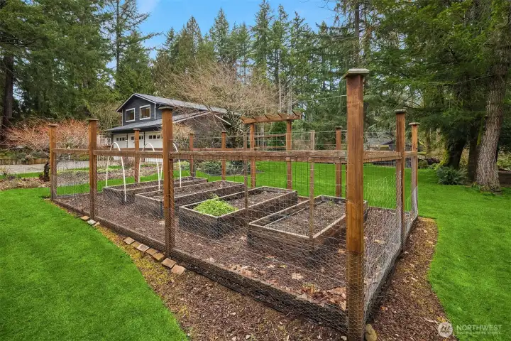 Gardener's delight with raised planting beds & deer fencing.