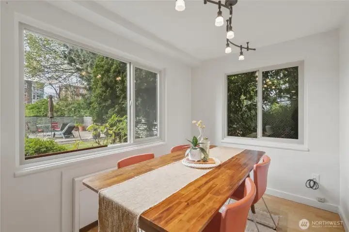Dining room, looking out to the yard & sun deck.