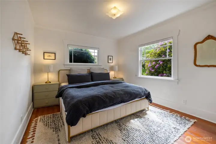 Bedroom #1 comes with custom fitted blinds and plenty of natural light. *For size reference, this is a king size bed.