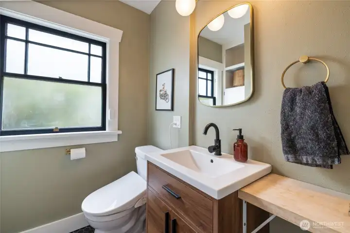 The main bathroom was gutted to the studs and has all new waterproof drywall and subflooring.