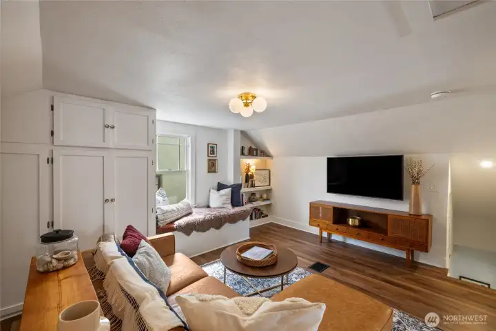 This space is functional as is but also has options for easily adding a second bathroom.