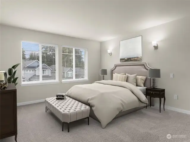 Spacious primary bedroom. Virtually staged