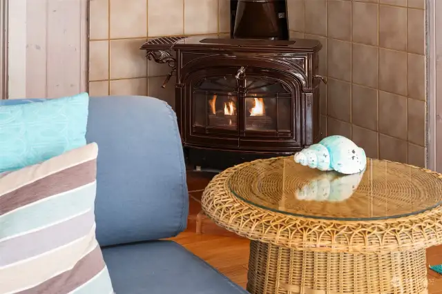 Cozy wood stove heats the entire home.