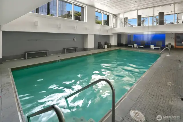 Fantastic pool.  Notice the natural light and windows up towards the gym.  Spa and sauna in the background.
