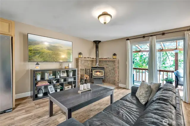 Cozy wood burning stove to keep you warm all winter long. It can keep the house toasty in the winter months.