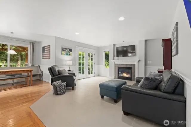 Large family room with gas fireplace.