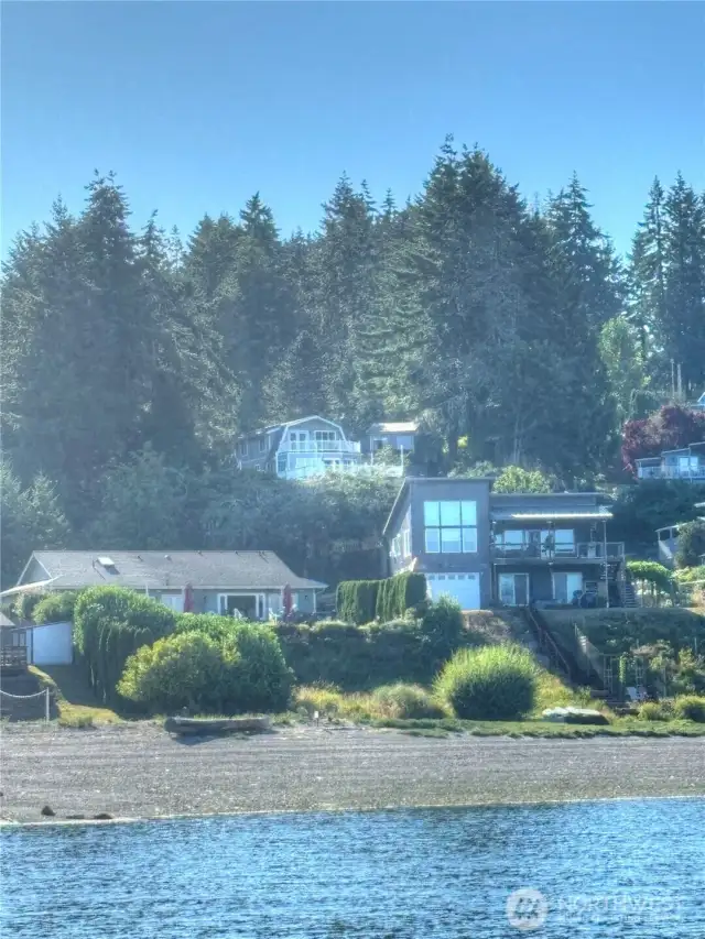 View of home from the Boat Launch - house up the hill in the middle with the  deck