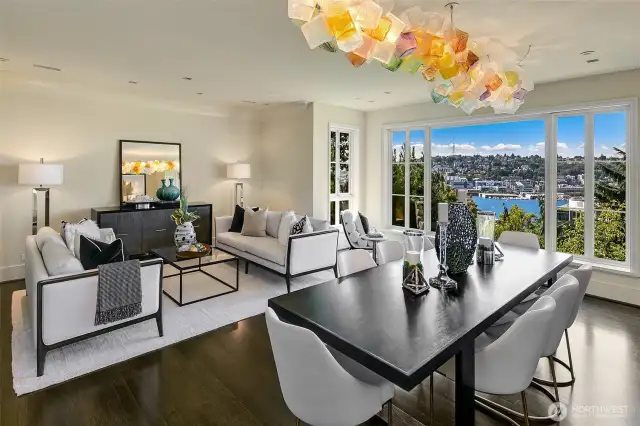 A wall of glass brings in year round views.