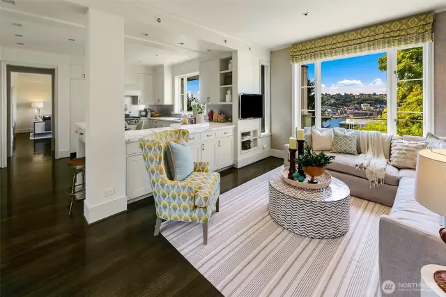 The kitchen opens to a family room with views to the west.