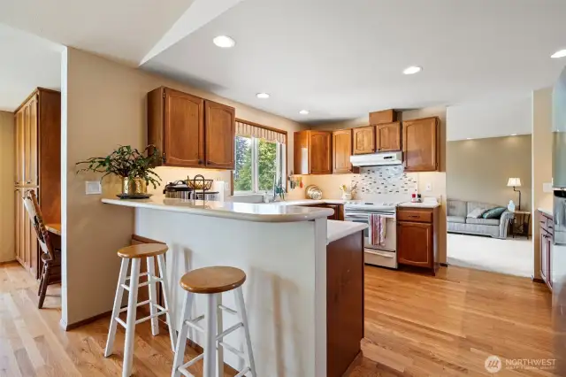 The kitchen is thoughtfully laid out, spacious, and well equiped complete with beautiful cabinetry, Corian solid surface countertops, seemless Corian sink and tile backsplash along with hardwood floors that run seemlessly into the family room and breakfast nook as well.