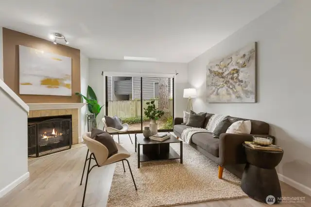 Living room with electric or wood fireplace