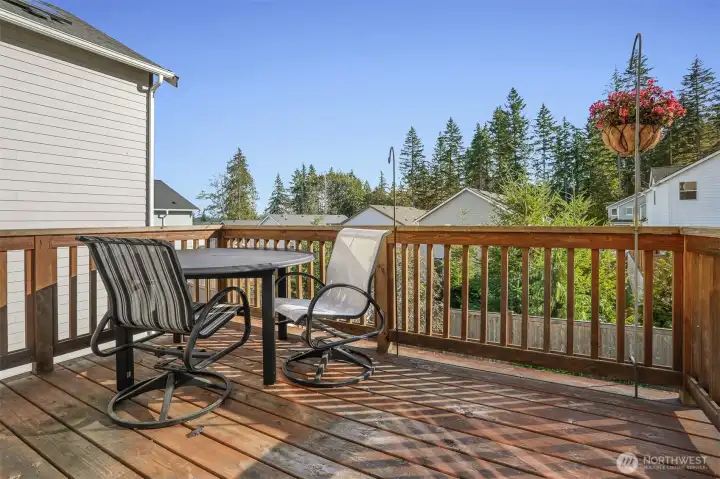 View deck from the sliding doors out of the Dining room, overlooks the community greenbelt and park.