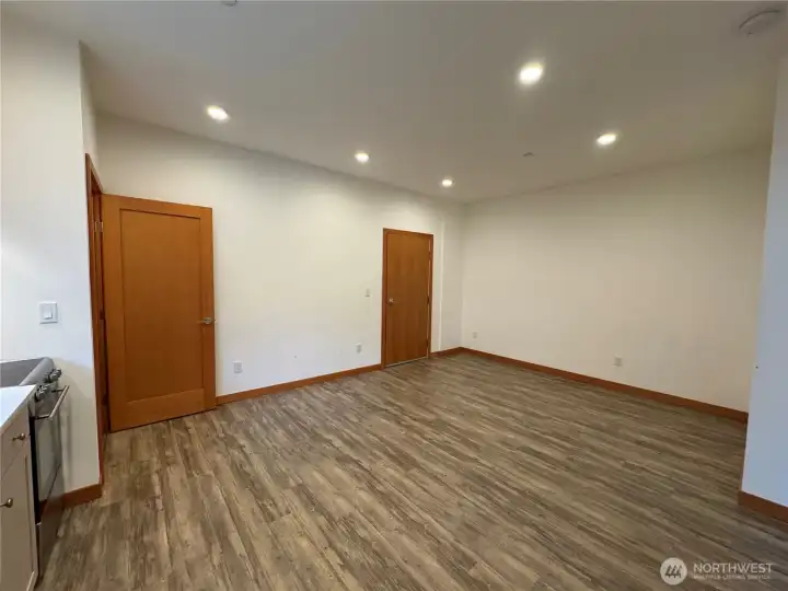 Lower 1 bedroom unit living area. Washer/druer in closet at end of counter. Front door to the right of frame.