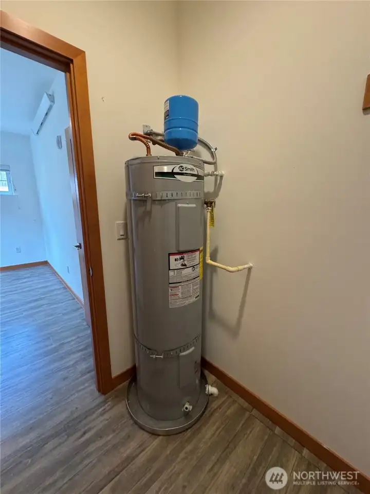 Hot water heater located in closet.
