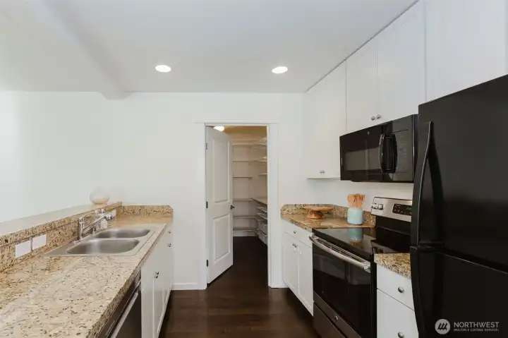 Kitchen with hard surface countertops, leads to a HUGE pantry.