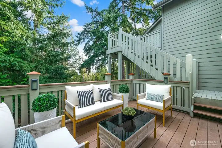 Deck off the family room with stairs to yard