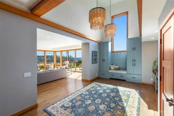 Dramatic two-story entry with expansive 10-foot windows