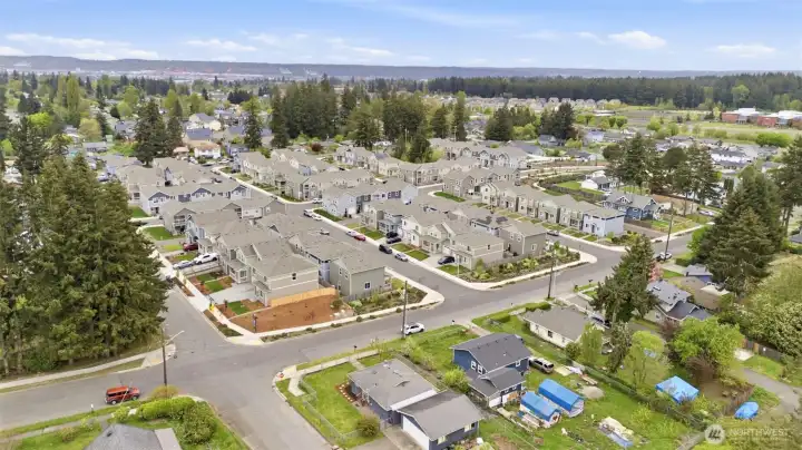 Aerial view of Tacoma neighborhood showcasing convenient location and surrounding homes.