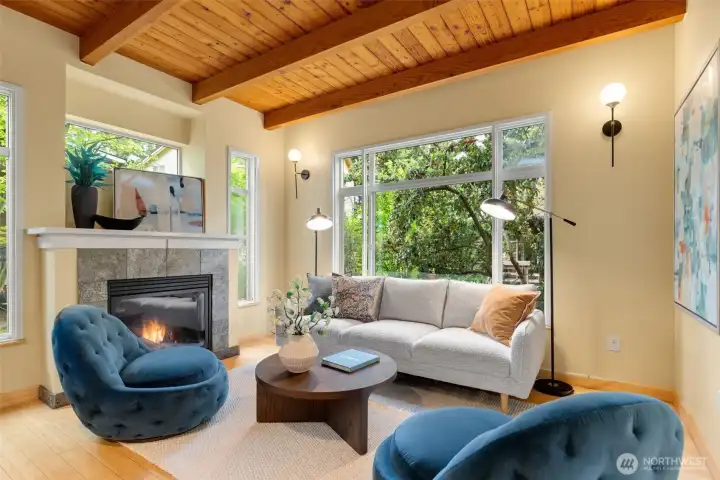 Gas fireplace, windows on all walls, exposed beam and cedar ceilings all create a warmth you'll want to nestle into no matter the time of year.