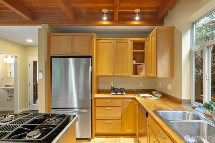 Butcher block counters in the kitchen.