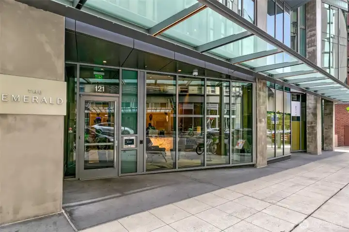 Secured lobby entrance off Stewart.