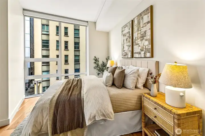 Floor-to-ceiling windows with roller shades!