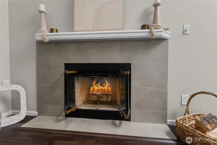 Tiled real wood fireplace