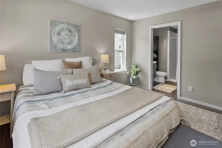 Primary bedroom, roomy with built-in shelves in closet
