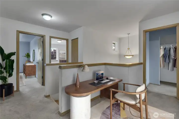 Upstairs landing, virtually staged. There's a spot for a small desk ~