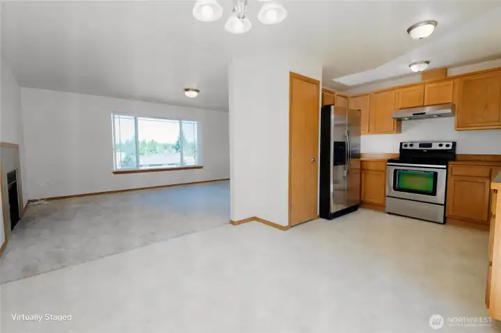 View of dining, kitchen and living room