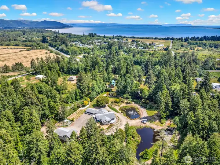 Aerial perspective showcases the home's impressive setting and surrounding countryside. Aerial perspective showcases the home's impressive setting and surrounding countryside.