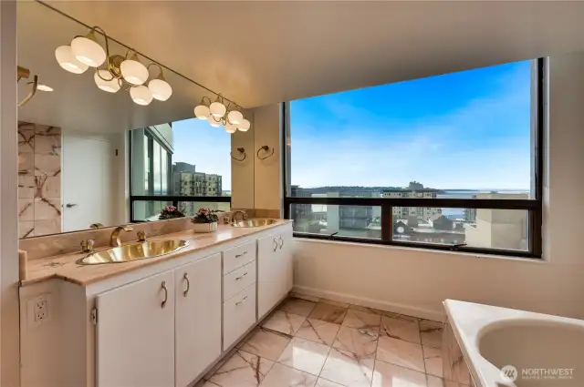 Primary double vanity 5-piece bath with westerly sound views too!