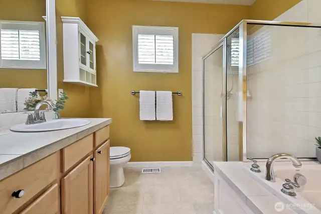 Spacious walk in shower and a deep soak tub.